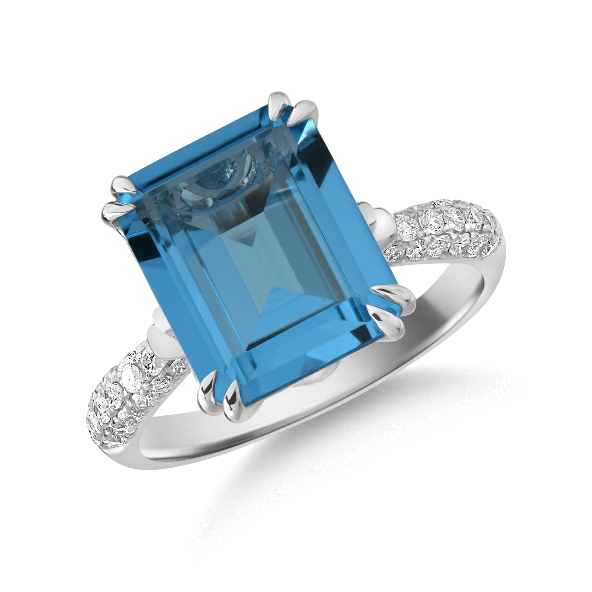 Inel din aur alb de 14K cu topaz albastru de 6.465ct si diamante de 0.297ct