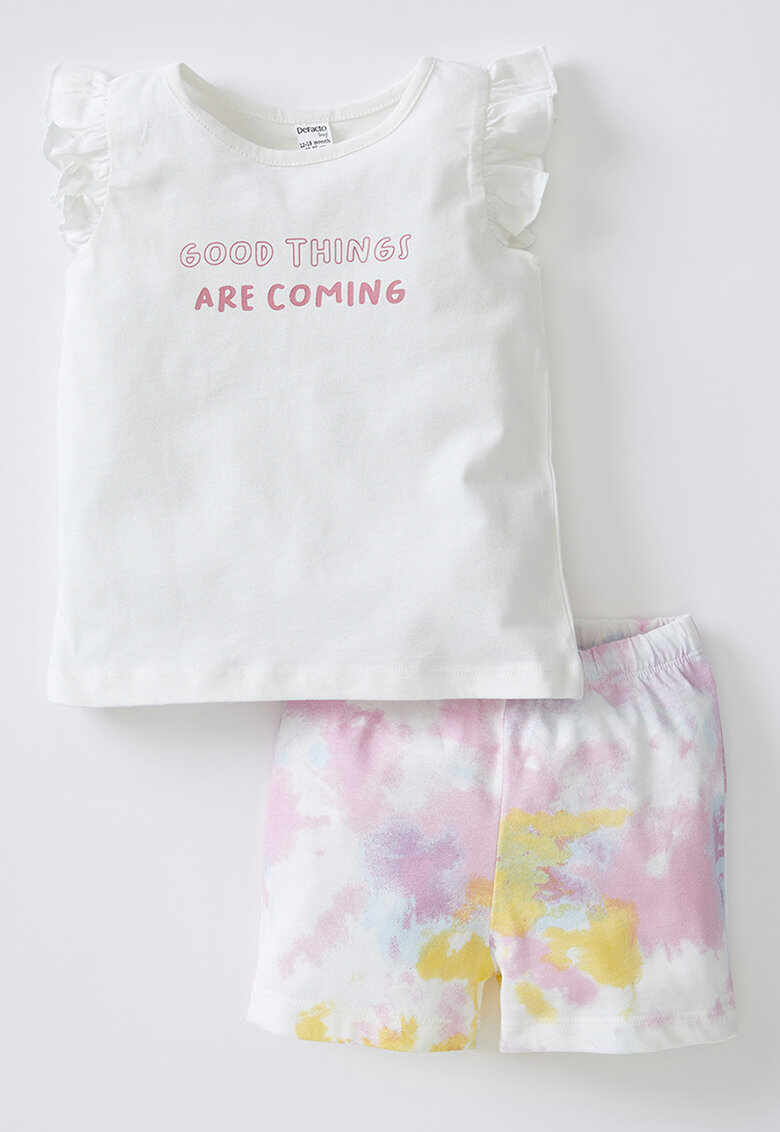 Set de tricou si pantaloni scurti - 2 piese - fete - cu imprimeu - Alb/Roz pastel/Galben