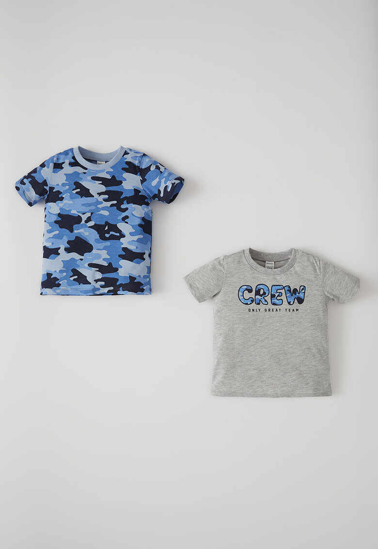 Set 2 tricouri cu imprimeu si decolteu la baza gatului - baieti - Gri deschis melange/Albastru