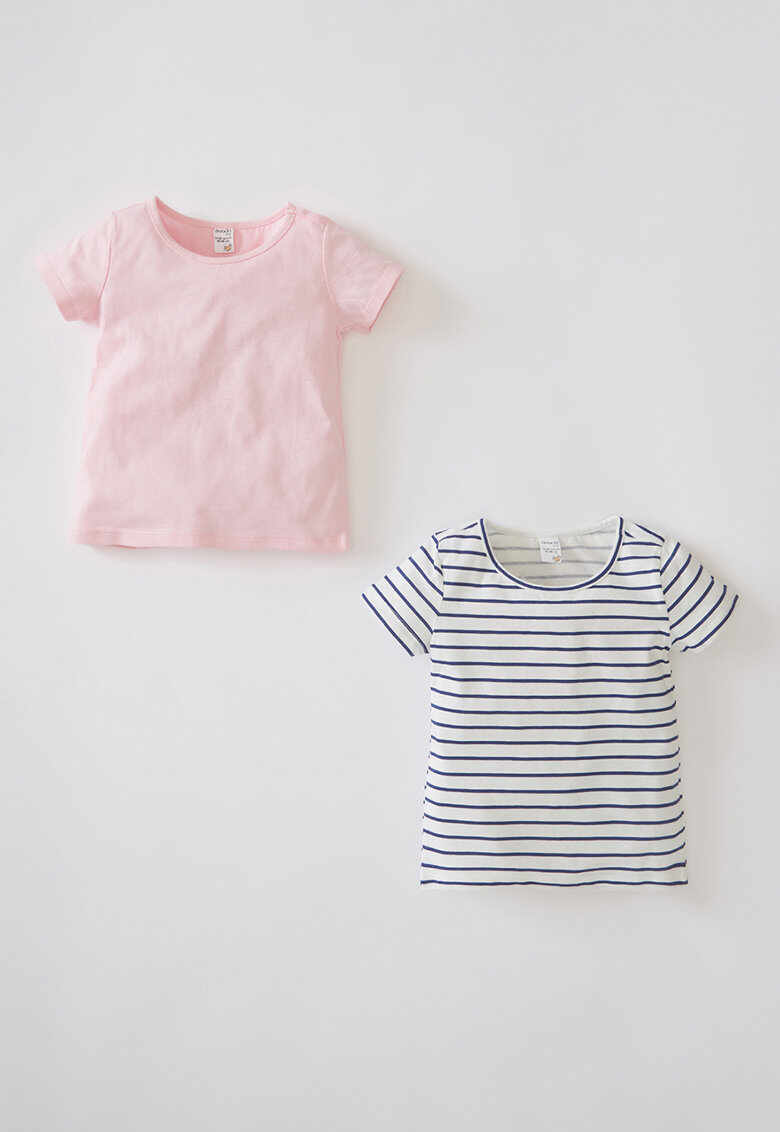 Set de tricouri cu decolteu la baza gatului si imprimeu - fete - 2 piese - Roz/Bleumarin/Alb