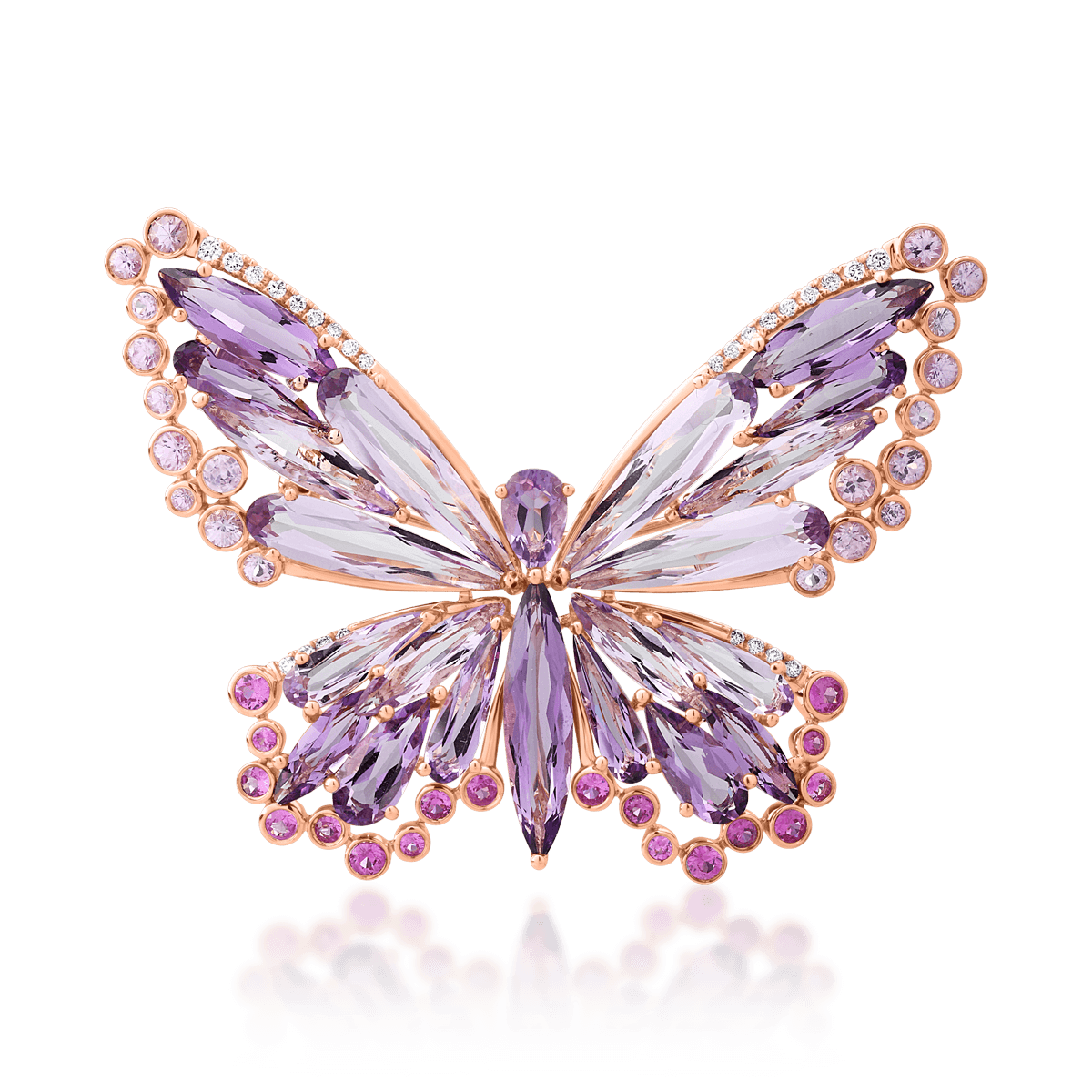 Brosa fluture din aur roz de 18K cu pietre pretioase si semipretioase de 15.85ct
