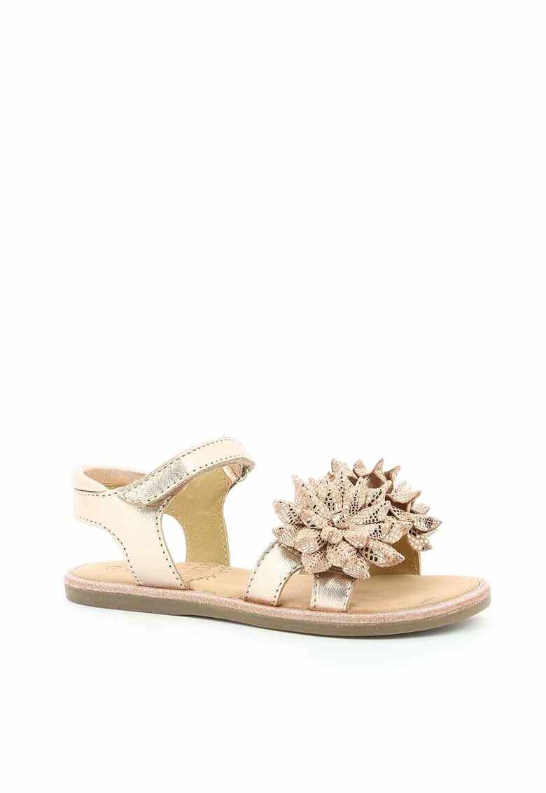 Sandale de piele cu aspect metalizat si aplicatie florala - Auriu