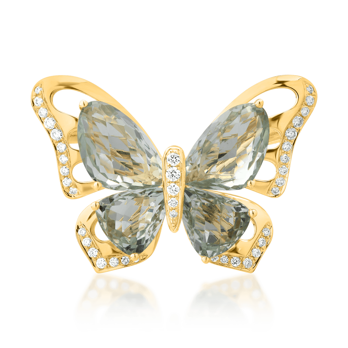 Brosa fluture din aur galben de 18K cu ametiste verzi de 11.8ct si diamante de 0.39ct
