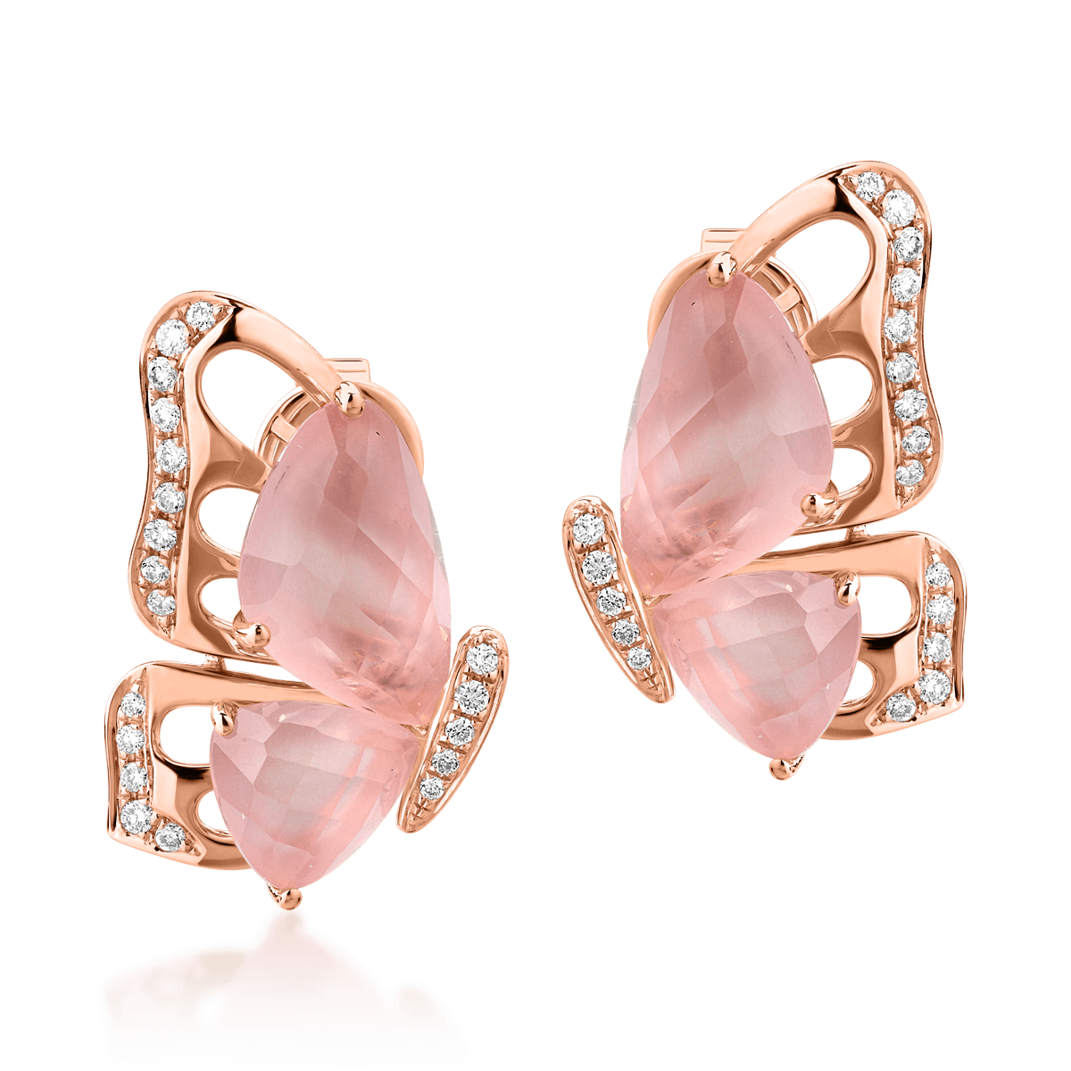 Cercei fluture din aur roz de 18K cu quartz trandafiriu de 8.5ct si diamante de 0.28ct