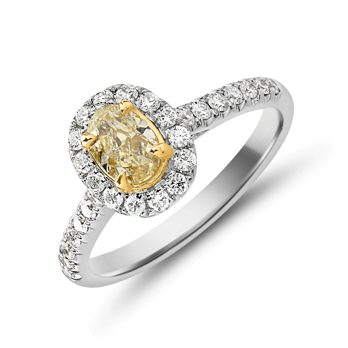 Inel de logodna din aur alb de 18K cu diamant galben de 0.55ct si diamant de 0.43ct