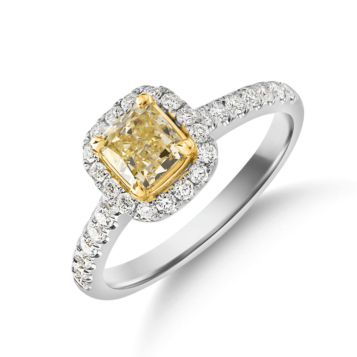 Inel de logodna din aur alb de 18K cu diamant galben de 0.9ct si diamant de 0.42ct