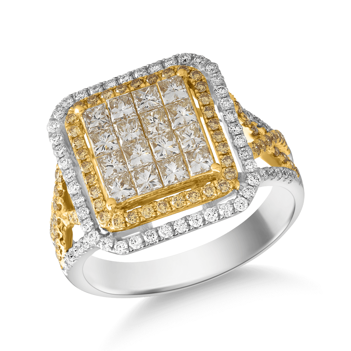 Inel din aur alb-galben de 18K cu diamante albe de 1.35ct si diamante colorate de 0.33ct