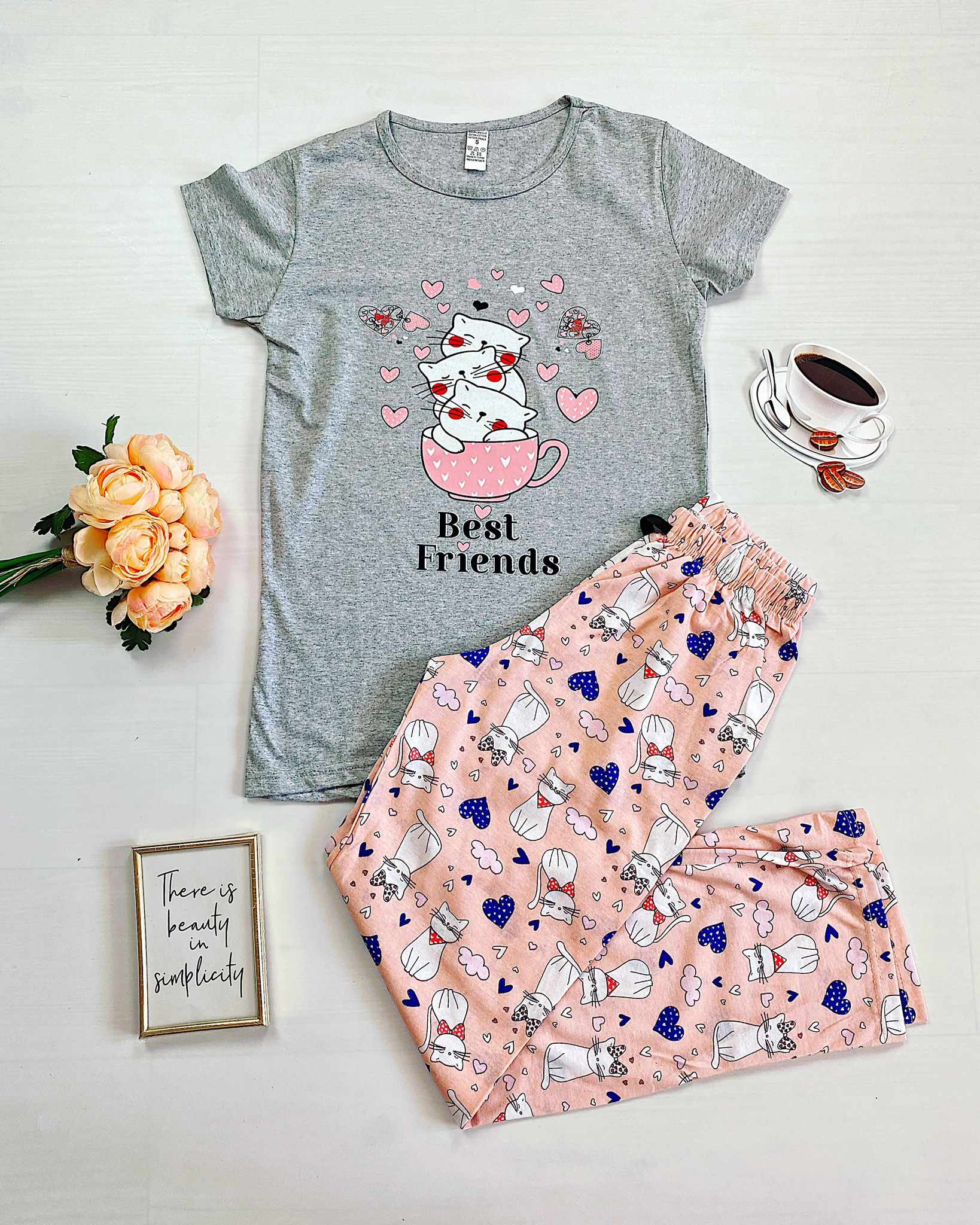 Pijama dama gri lunga cu imprimeu pisicute Bestfriends