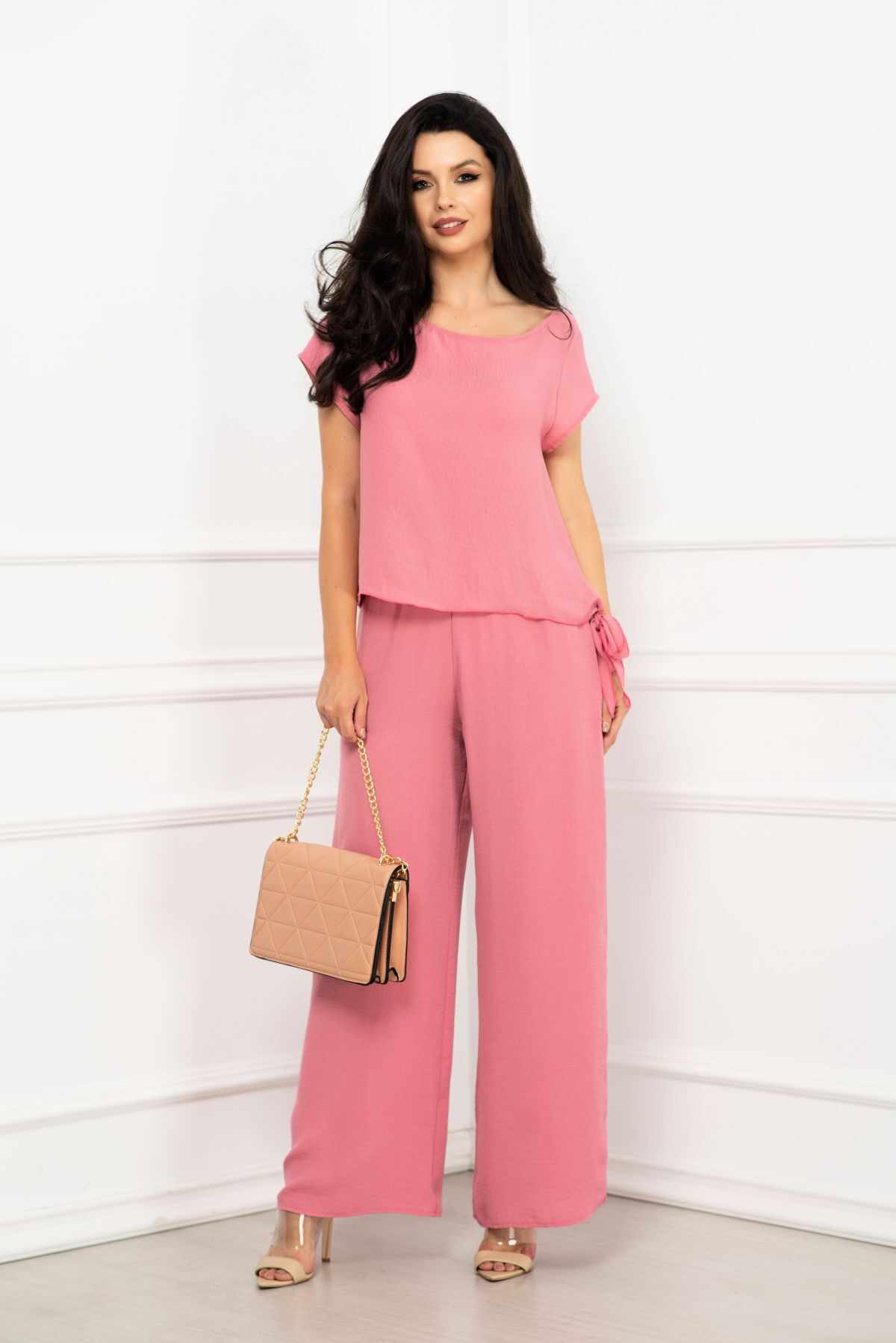 Compleu elegant Elena roz cu pantaloni evazati si bluza cu nod By InPuff