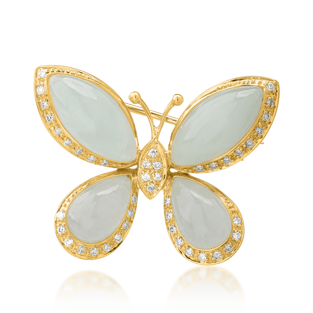 Brosa fluture din aur galben de 18K cu prehnite de 15.086ct si diamante de 0.299ct