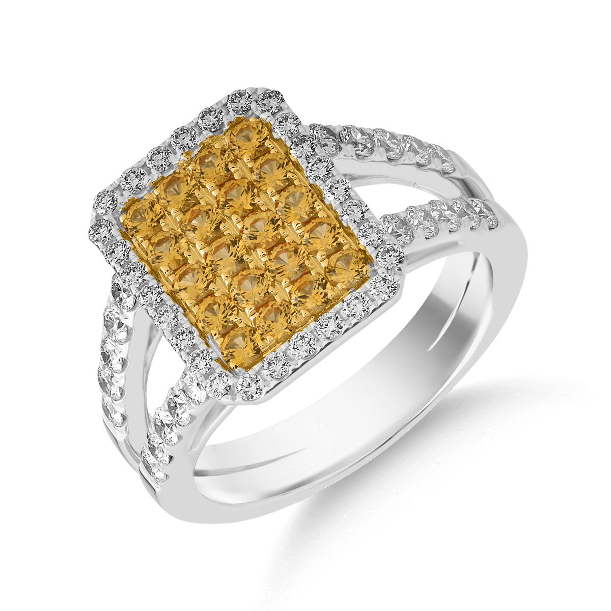 Inel din aur alb/galben de 18K cu safire galbene de 0.68ct si diamante de 0.7ct
