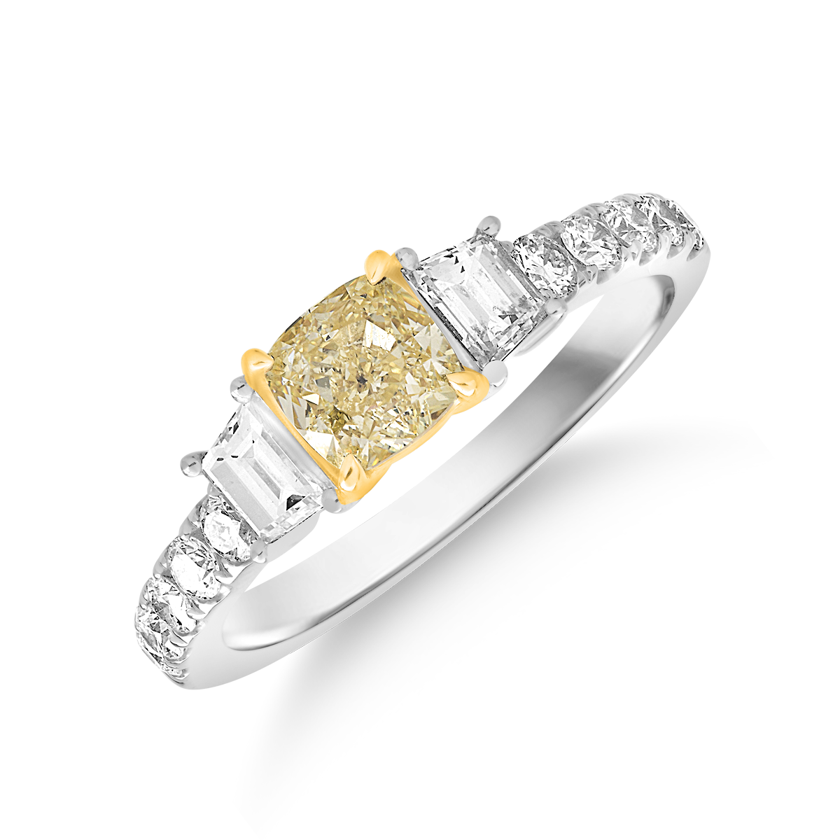 Inel de logodna din aur alb de 18K cu diamant galben de 1ct si diamant de 0.48ct