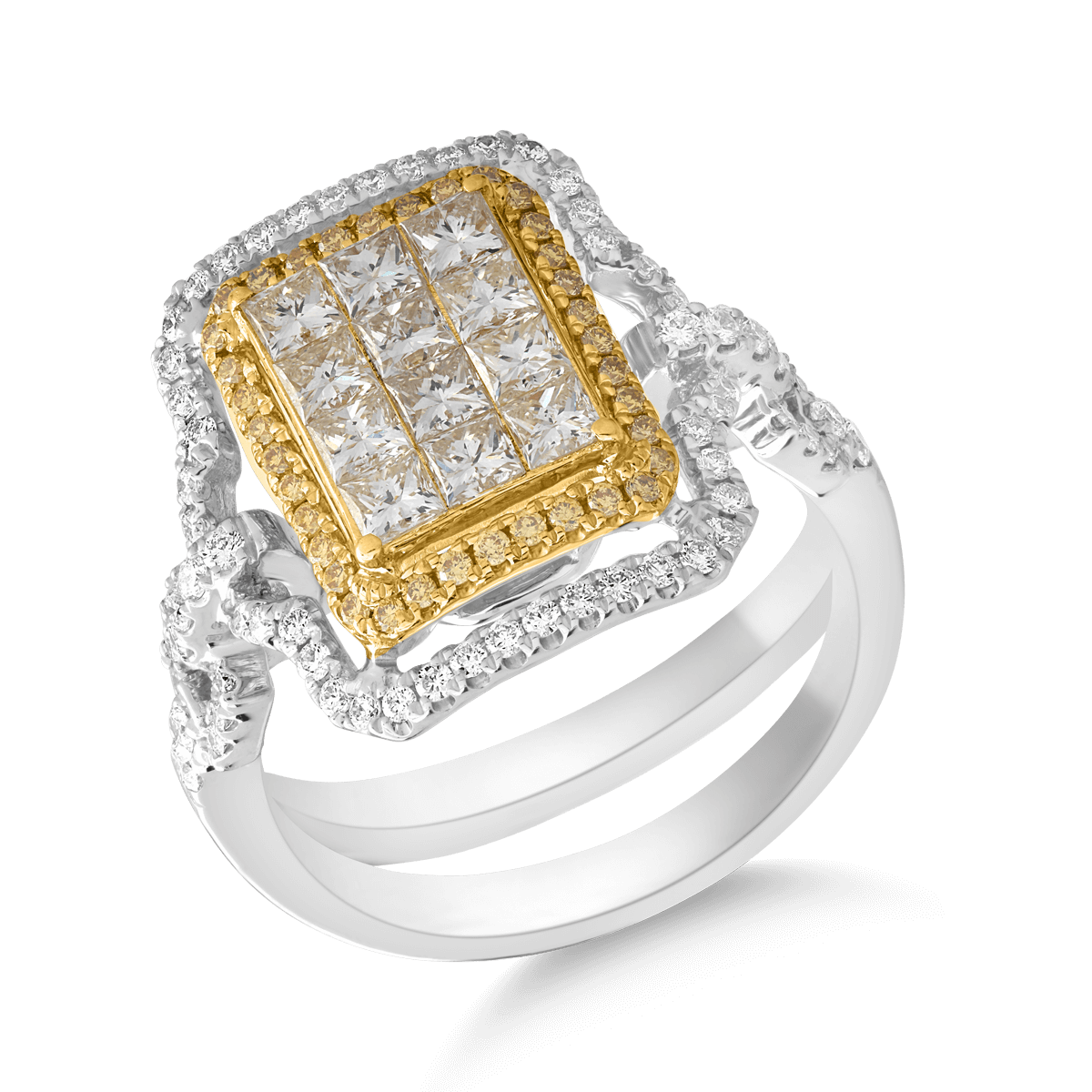Inel din aur alb-galben de 18K cu diamante albe de 1.27ct si fancy diamonds de 0.16ct