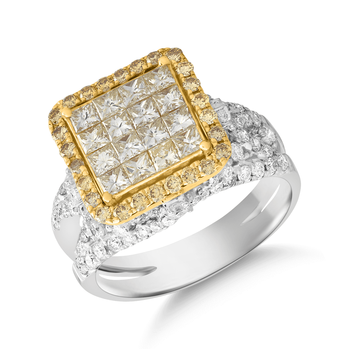 Inel din aur alb-galben de 18K cu diamante albe de 1.96ct si fancy diamonds de 0.30ct