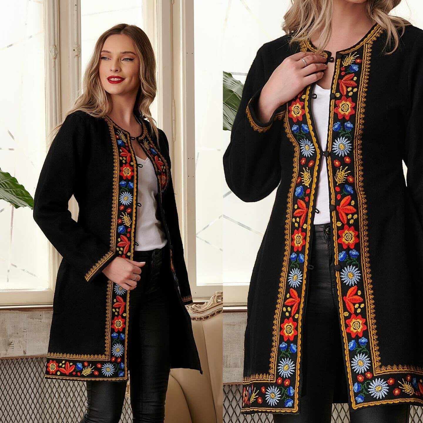 Palton brodat negru din stofa de lana - Irina