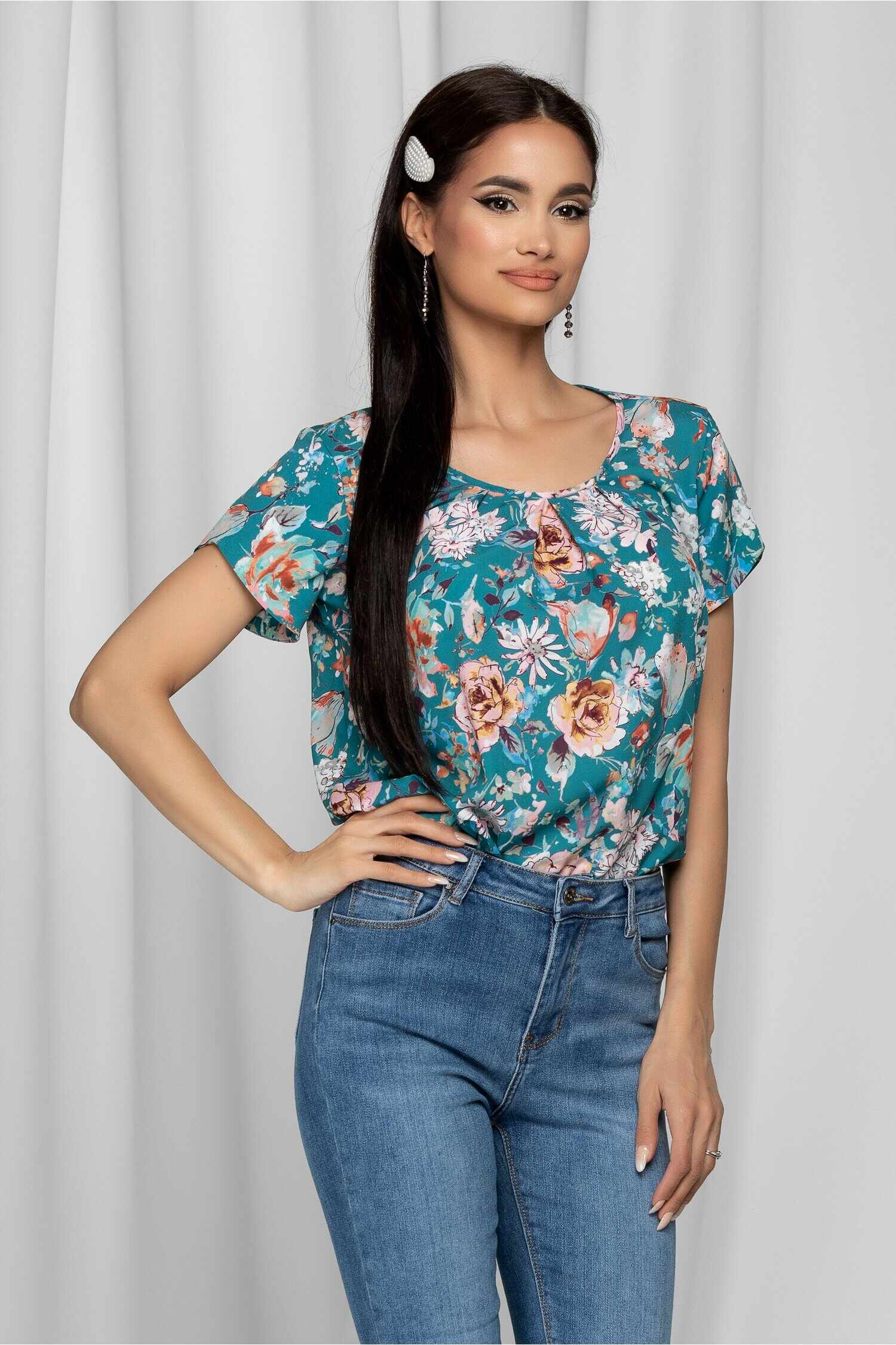 Bluza LaDonna turcoaz cu imprimeu floral si design cu pliuri la bust