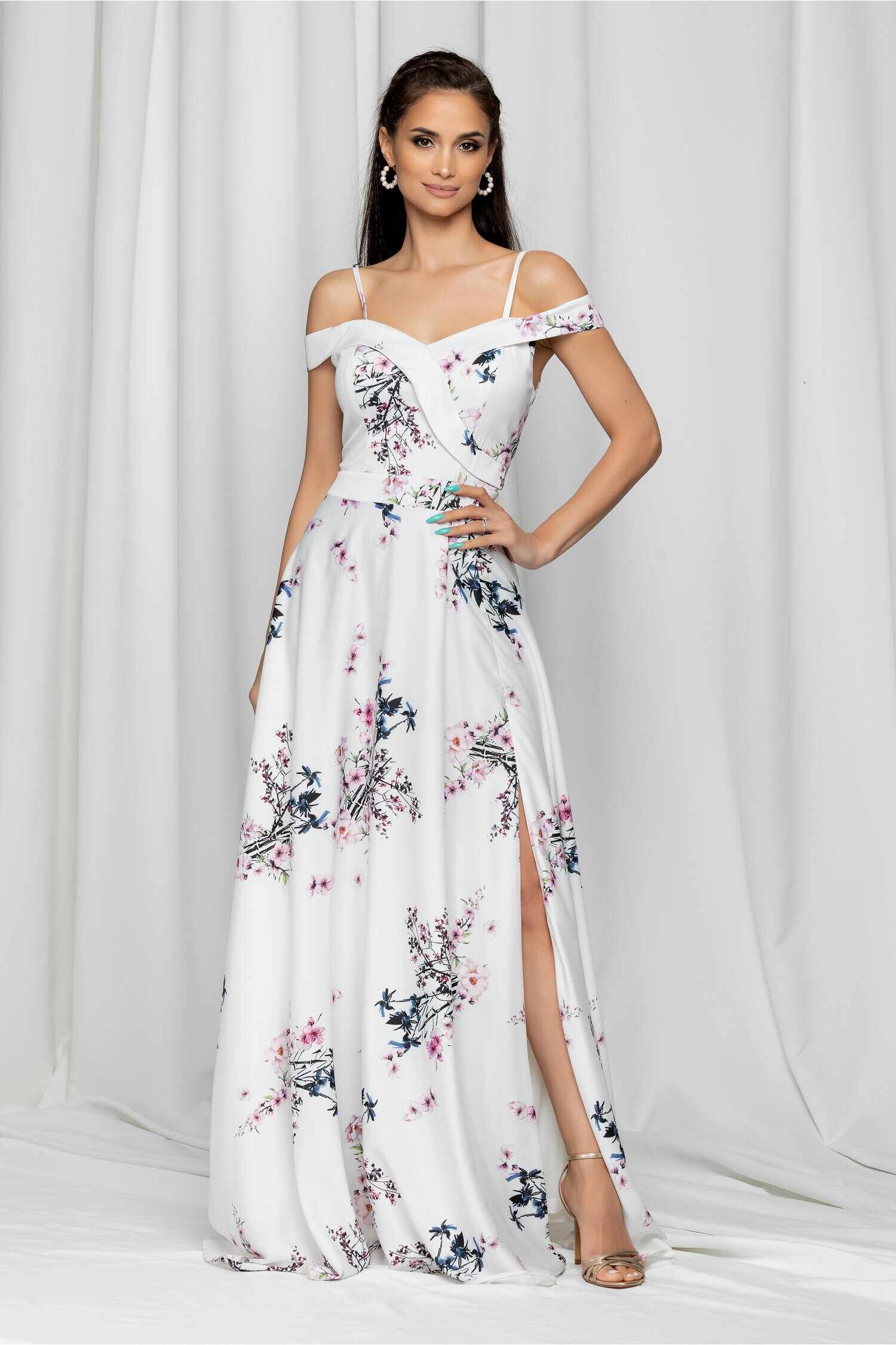 Rochie Ariana alba lunga cu imprimeu floral si design pe umeri