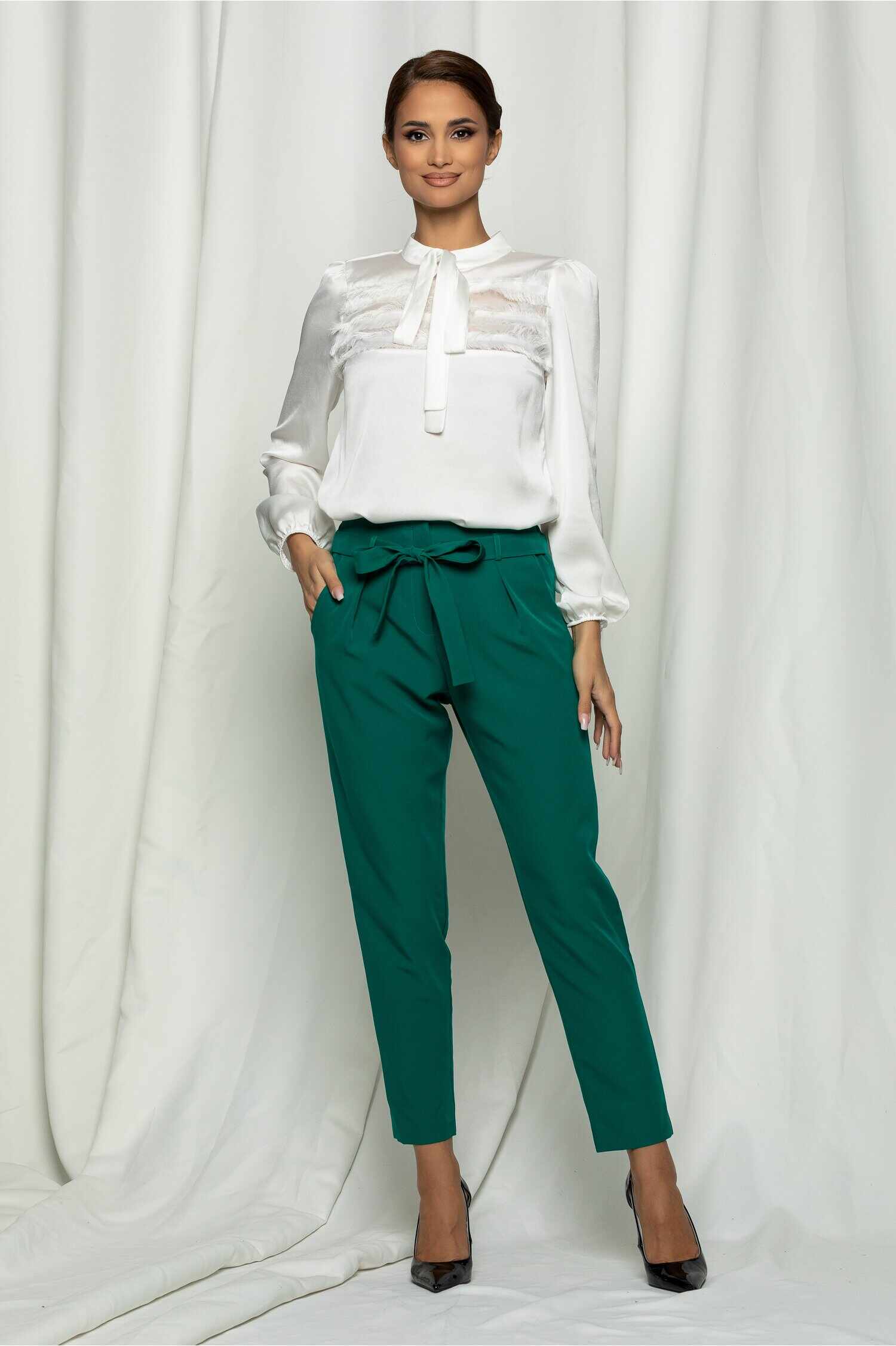 Pantaloni Dy Fashion verde cu talie elastica si cordon