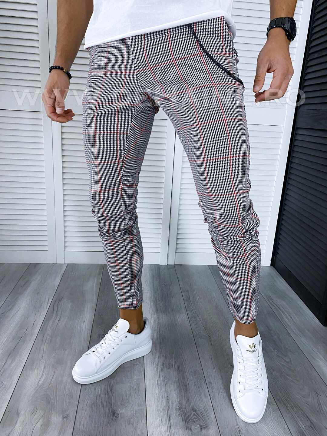 Pantaloni barbati casual regular fit gri in carouri B1910 29-4 E