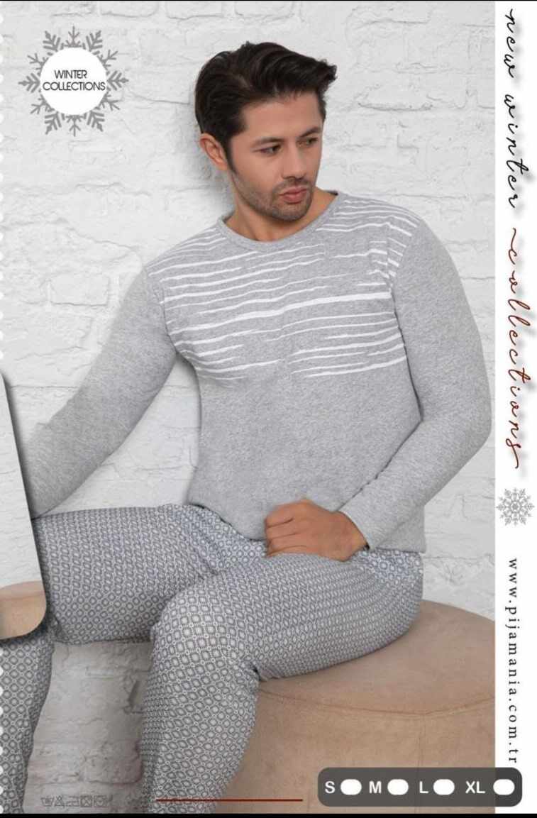 Pijama vatuita de barbat gri cu linii albe - cod HIB501