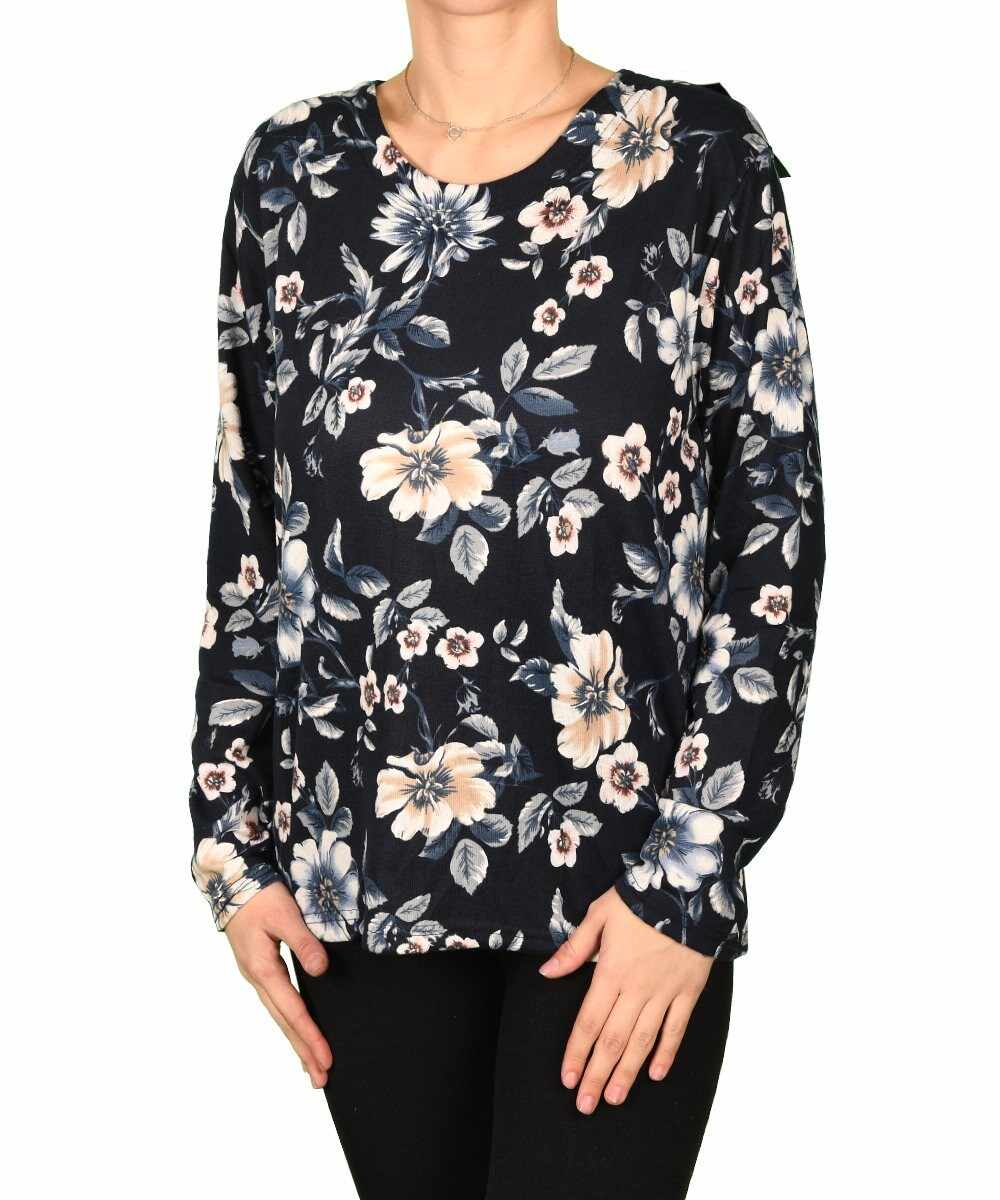 Bluza dama gri cu bleumarin cu flori colorate - cod 40859