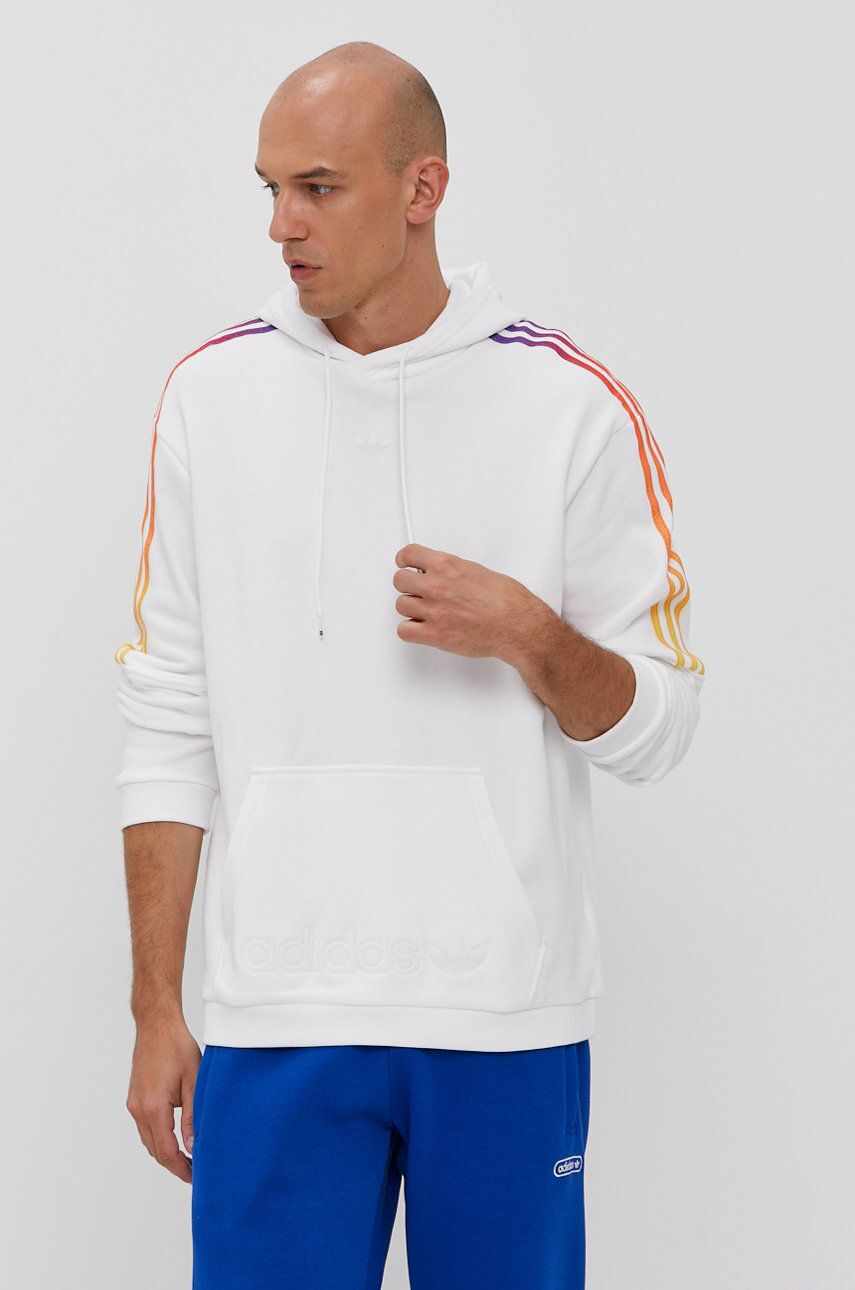 Adidas Originals Hanorac de bumbac bărbați, culoarea alb, cu imprimeu