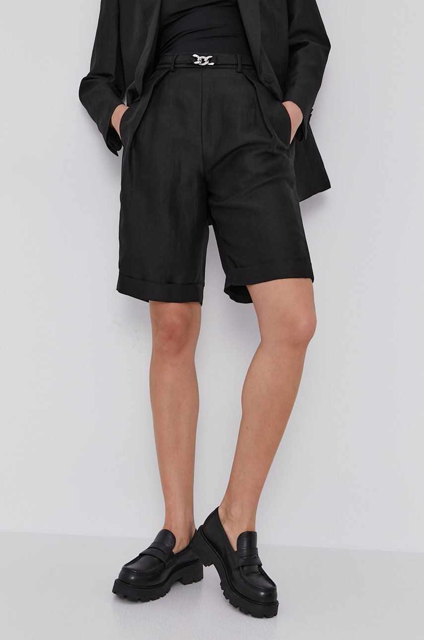 The Kooples Pantaloni scurți femei, culoarea negru, material neted, high waist