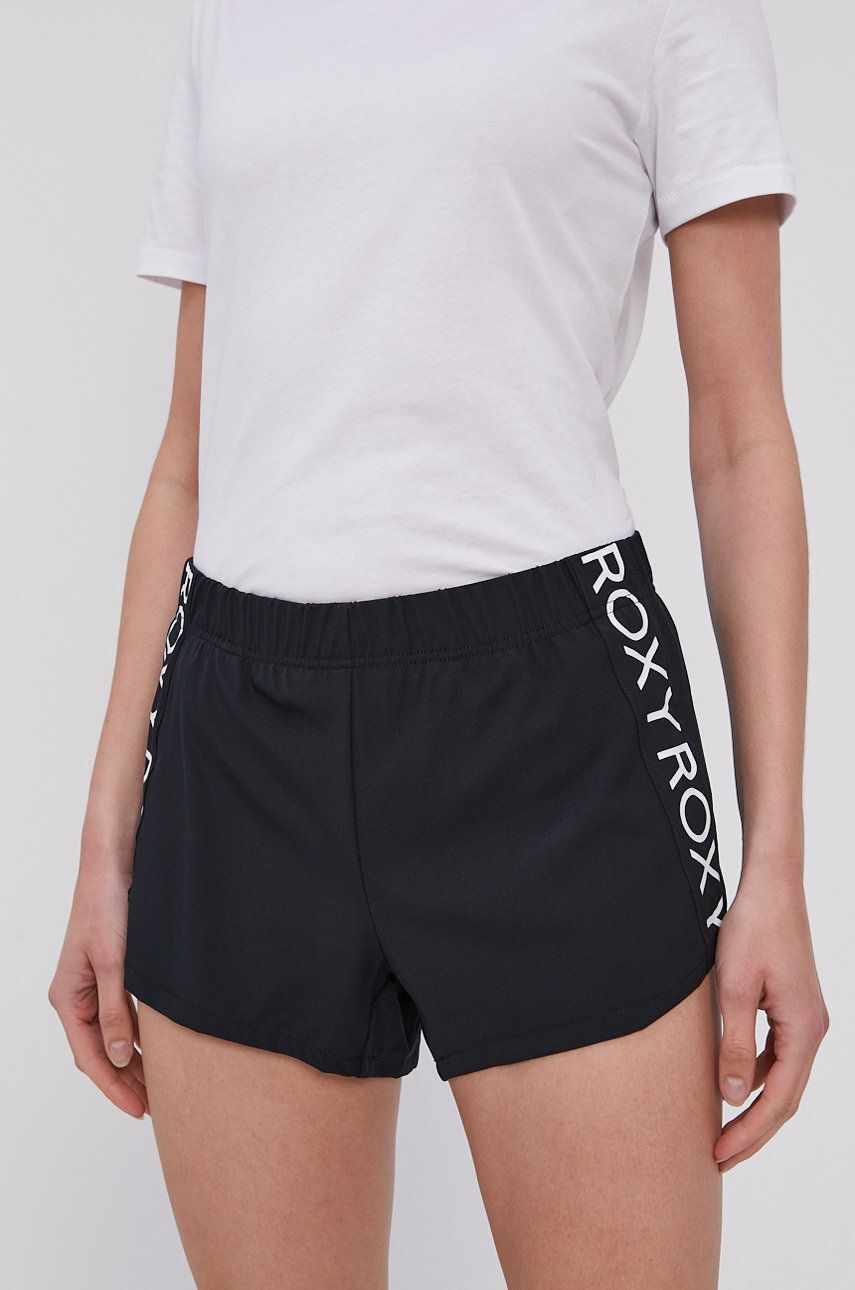 Roxy Pantaloni scurți femei, culoarea negru, cu imprimeu, medium waist