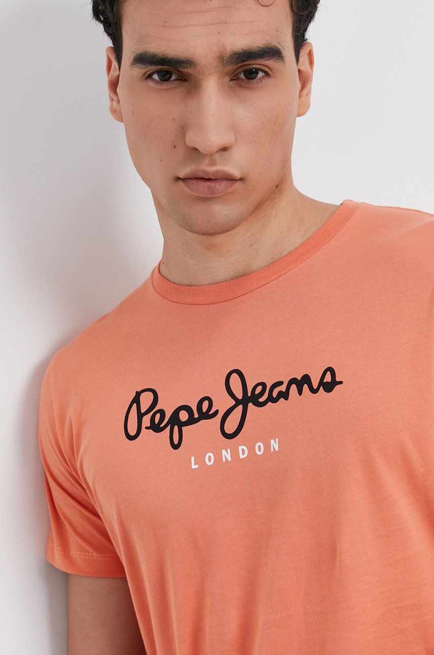 Pepe Jeans Tricou din bumbac Eggo culoarea portocaliu, cu imprimeu