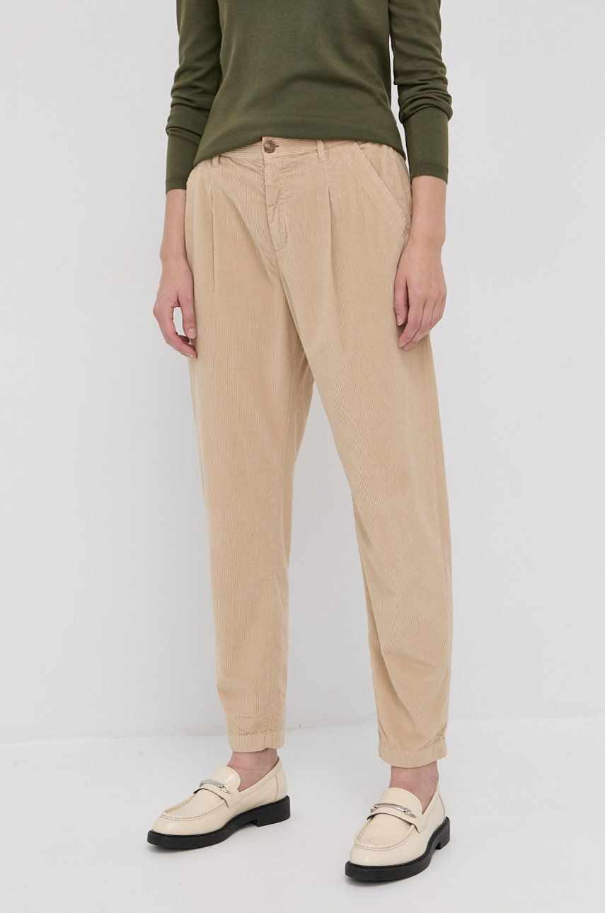 Boss Pantaloni de catifea cord femei, culoarea bej, model drept, medium waist