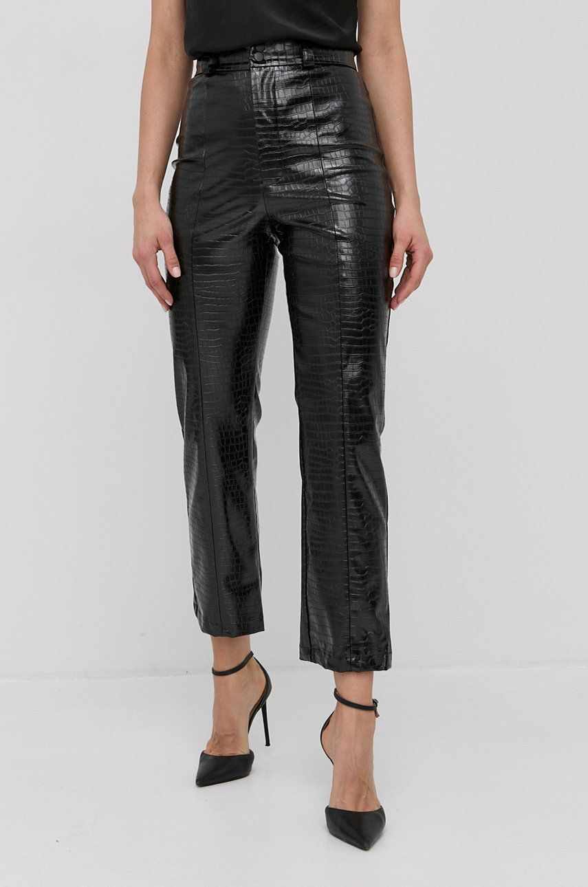 Bardot pantaloni femei, culoarea negru, drept, high waist