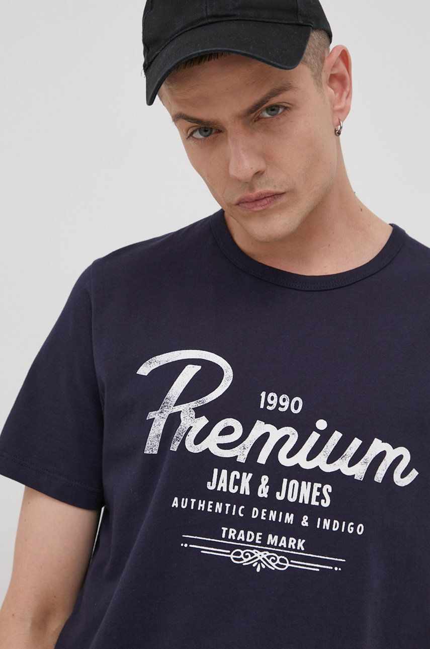 Premium by Jack&Jones tricou din bumbac culoarea albastru marin, neted