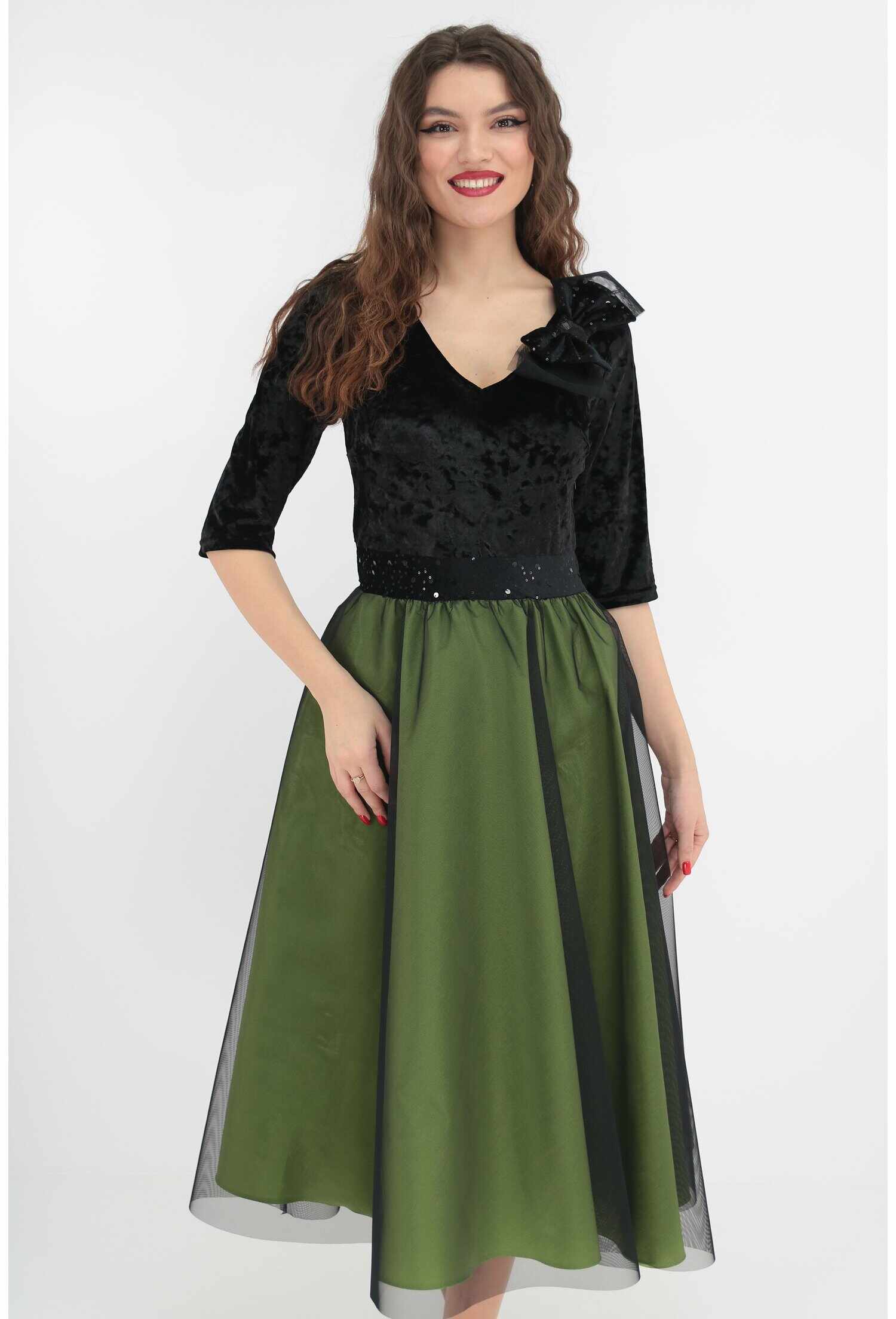 Rochie de ocazie din catifea neagra si tafta verde
