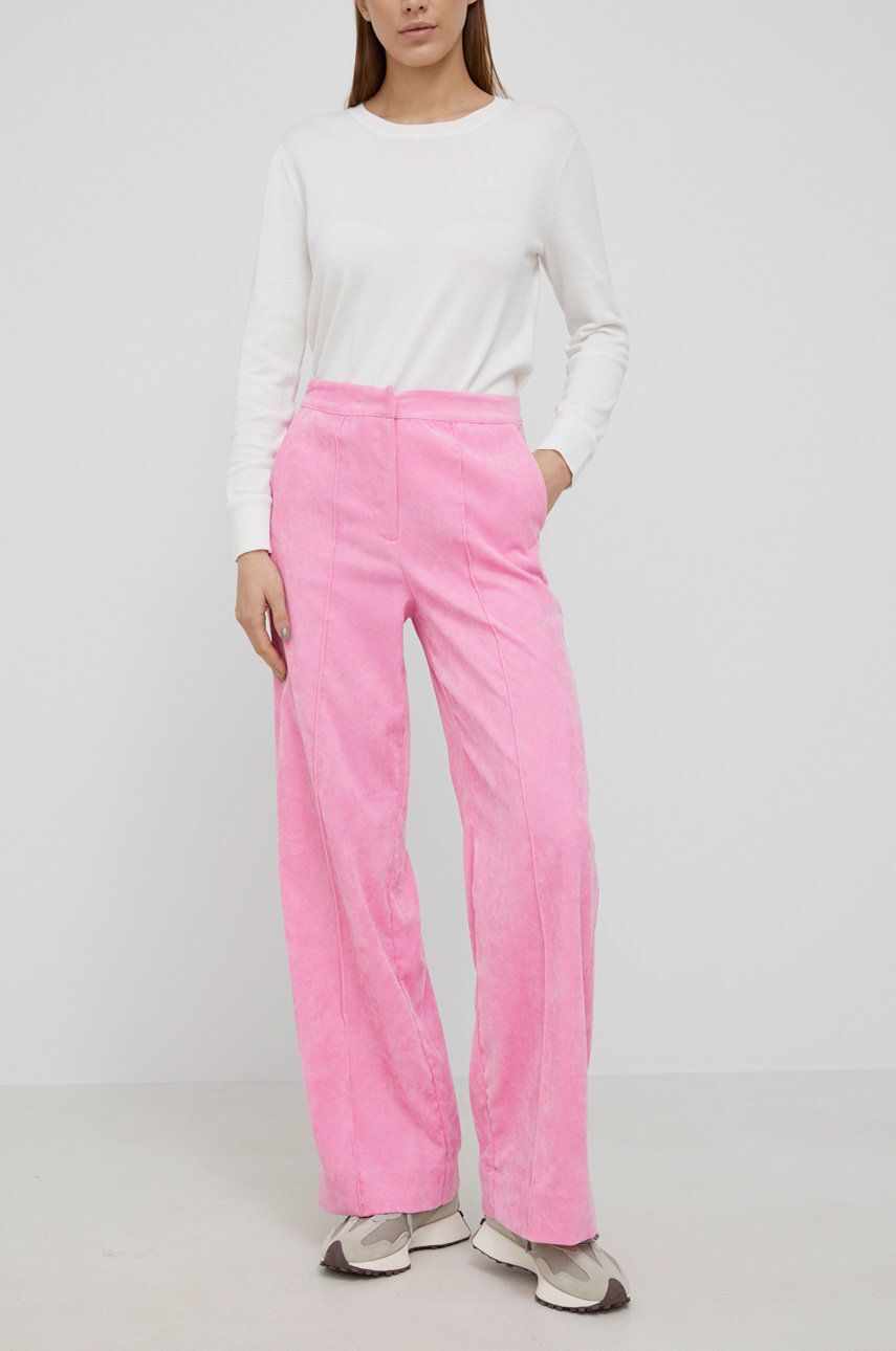 Y.A.S pantaloni de catifea cord femei, culoarea roz, lat, high waist
