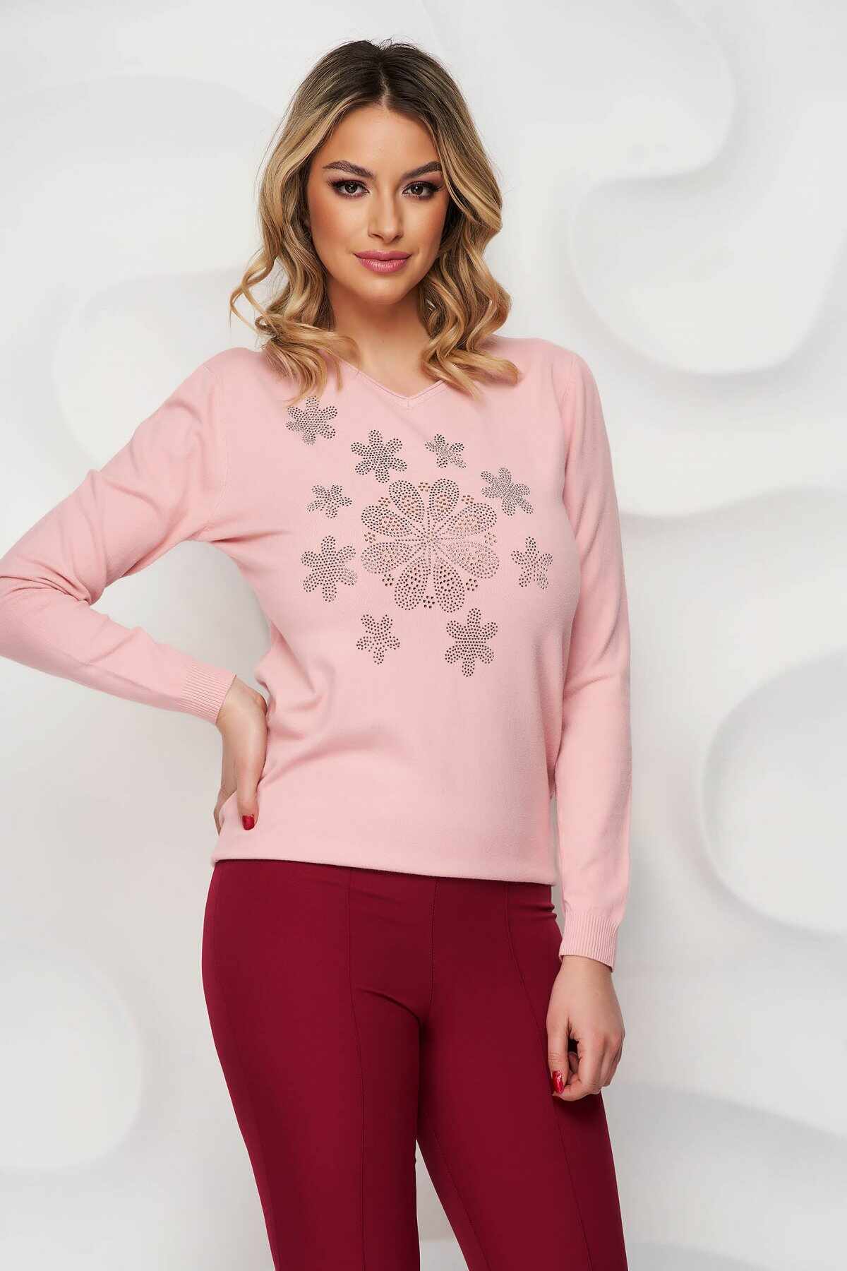 Bluza dama SunShine roz tricotata cu aplicatii cu pietre strass