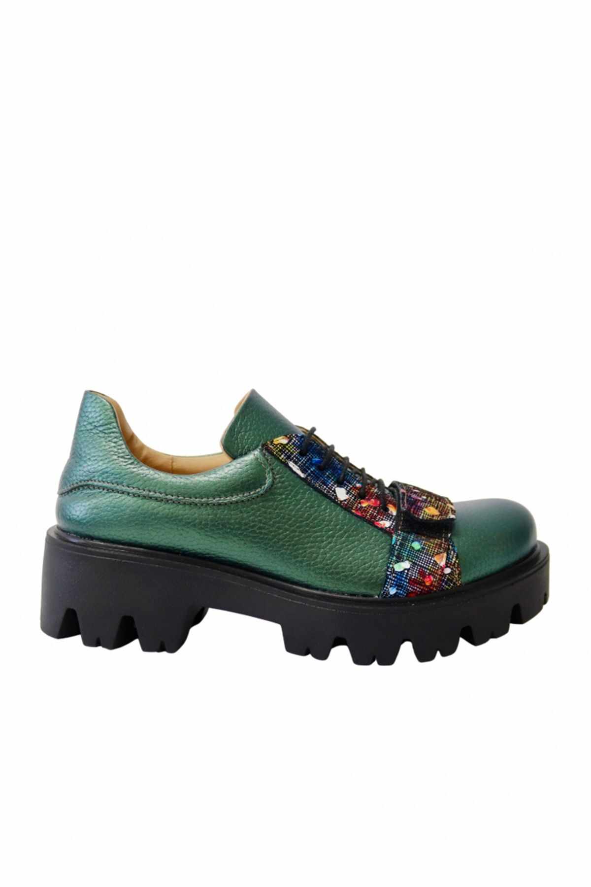 Pantofi casual Aimee verzi din piele naturala cu print multicolor