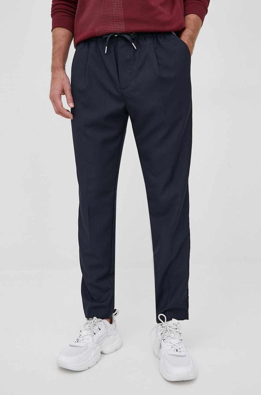 Armani Exchange pantaloni din lana barbati, culoarea albastru marin, drept
