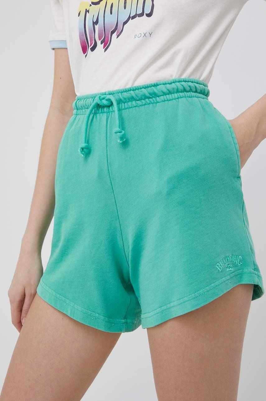 Billabong pantaloni scurti femei, culoarea verde, neted, high waist