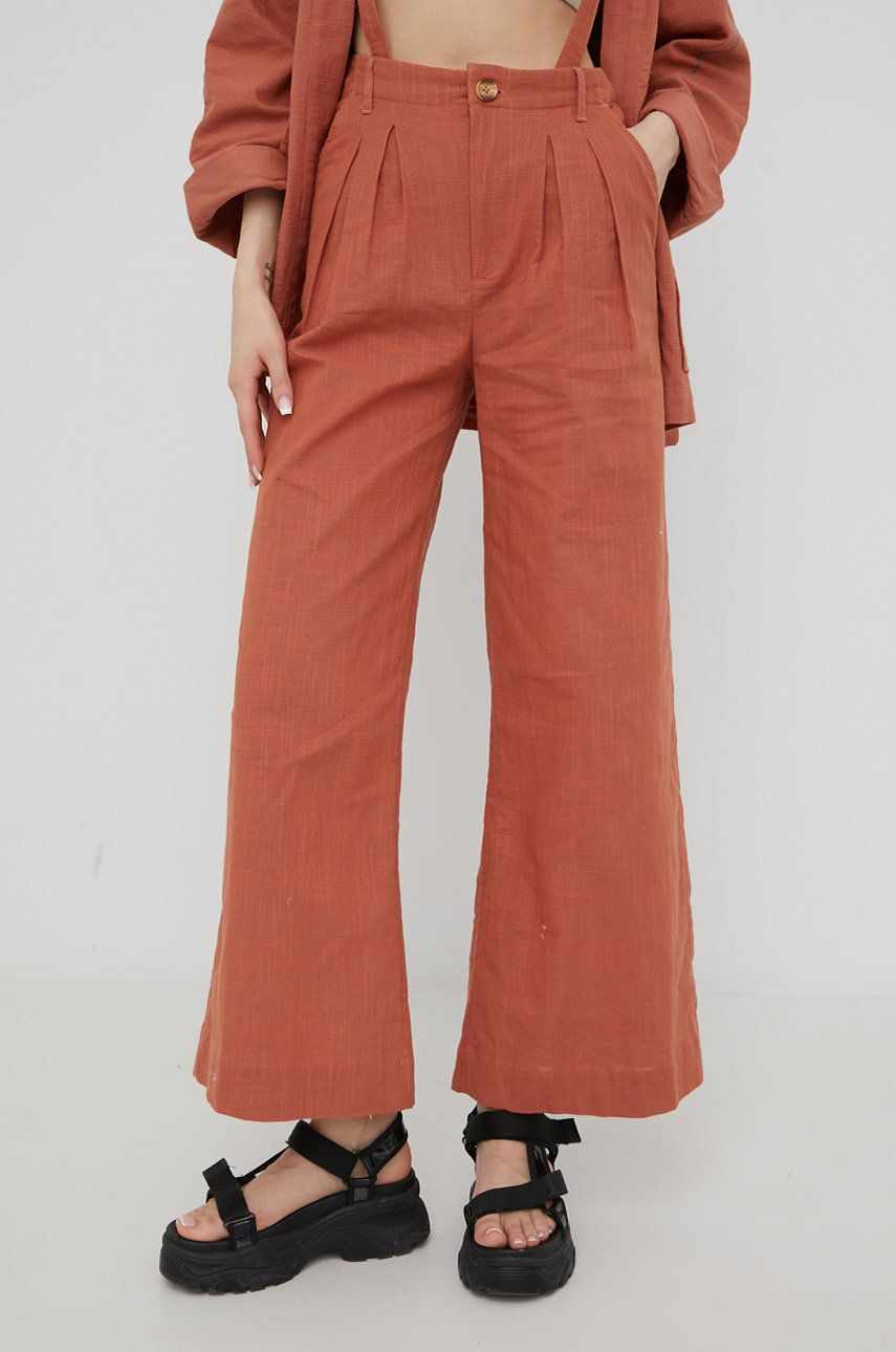 Billabong pantaloni de bumbac Billabong X Madi femei, culoarea portocaliu, lat, high waist