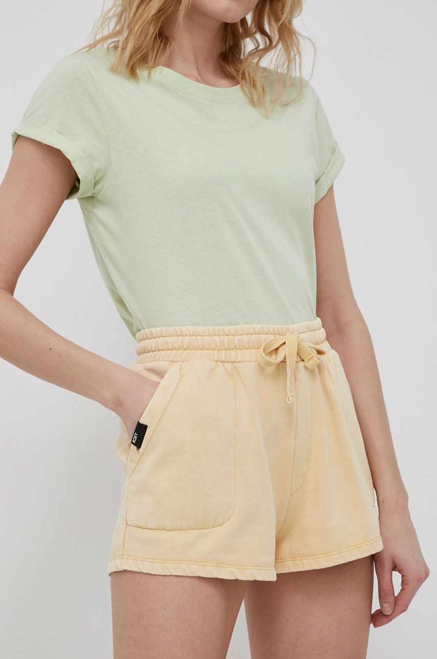 Roxy pantaloni scurti femei, culoarea galben, neted, medium waist