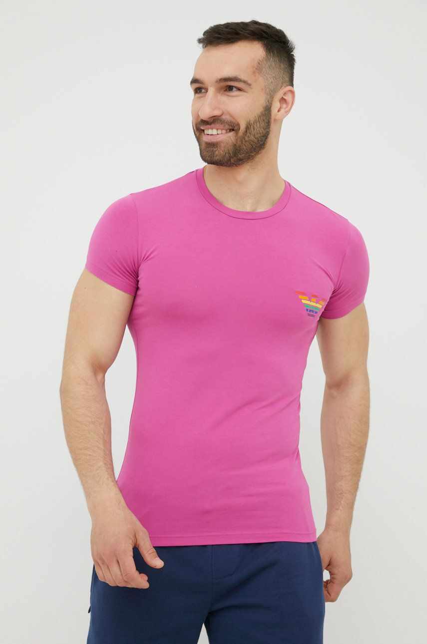 Emporio Armani Underwear tricou barbati, culoarea roz, cu imprimeu