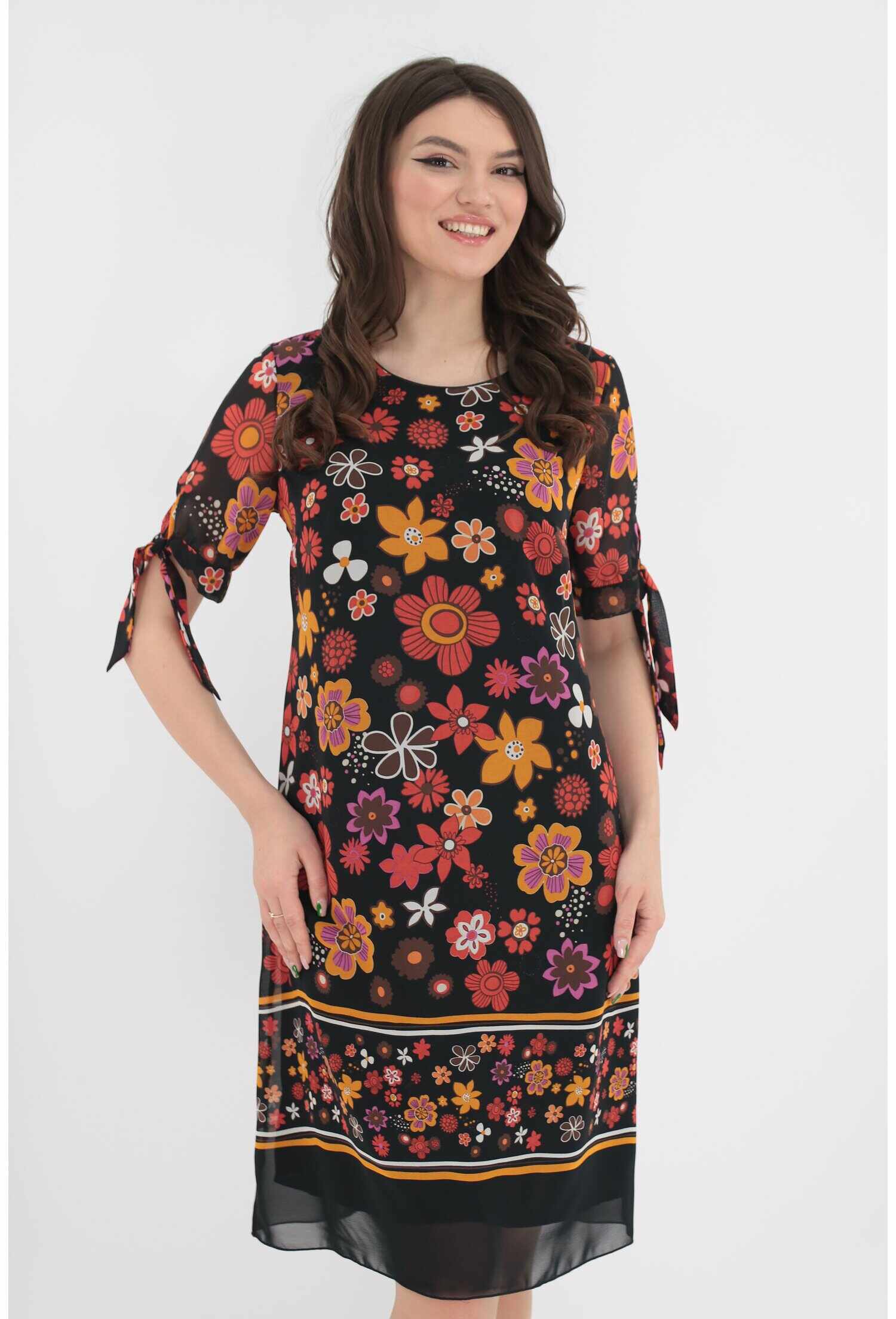 Rochie lejera din voal negru cu imprimeu floral multicolor