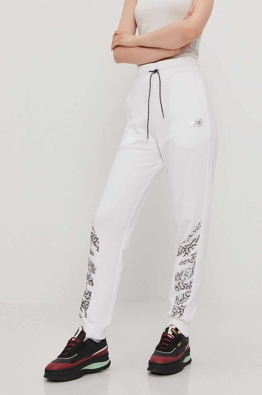 Puma Pantaloni 585825 femei, culoarea alb, cu imprimeu
