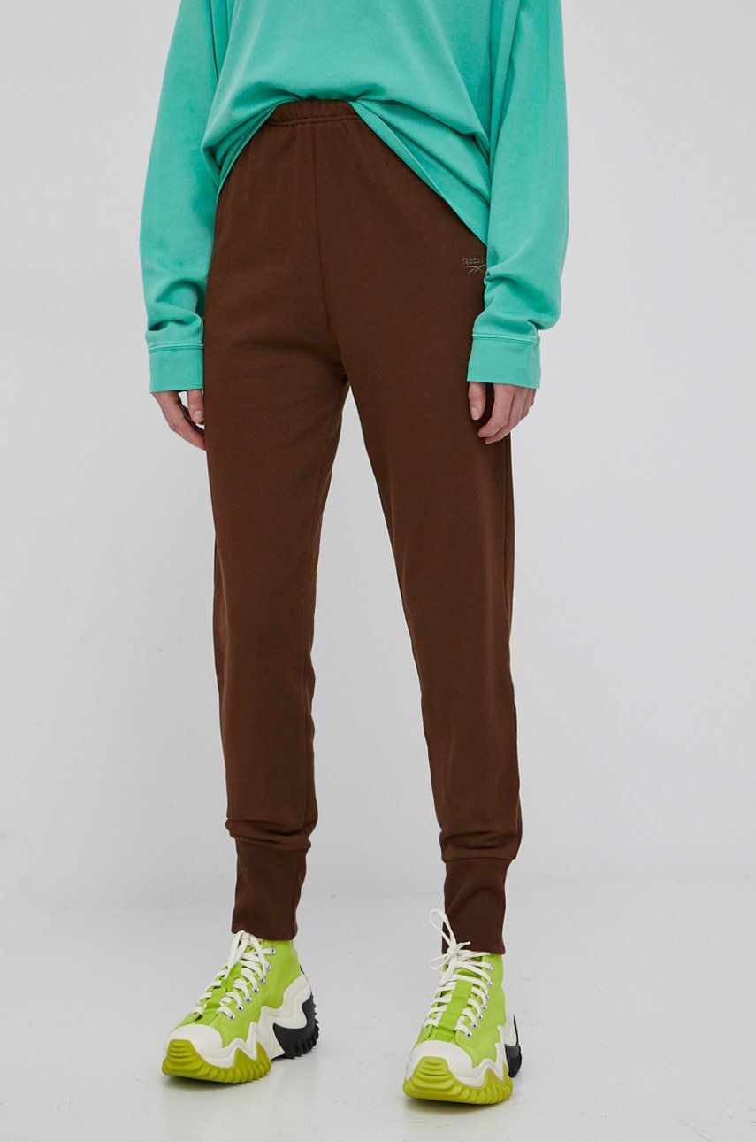 Reebok Classic pantaloni de bumbac H46816 femei, culoarea maro, neted