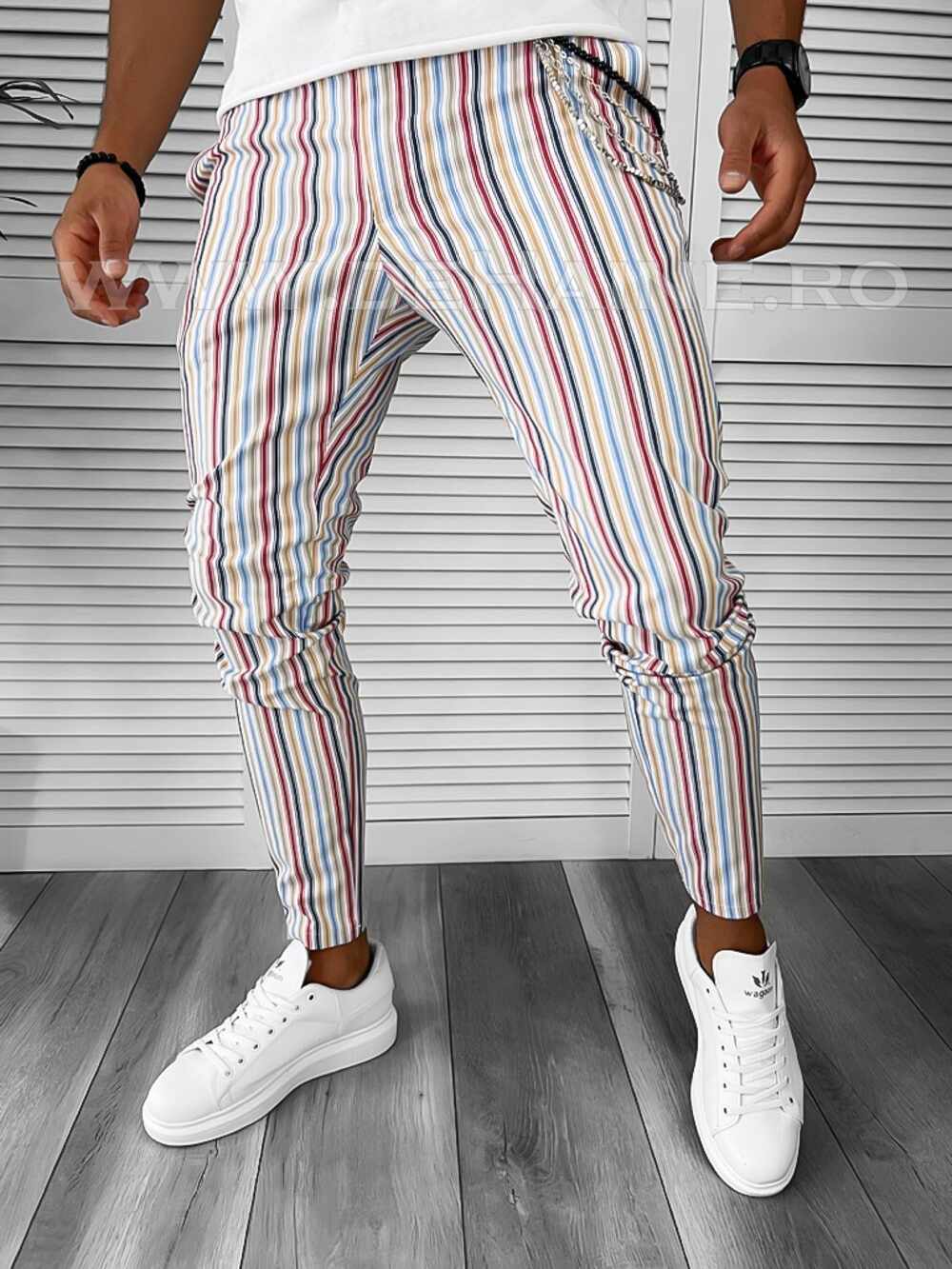 Pantaloni barbati casual regular fit albi cu dungi B7845 O1.3.1 E 150-3