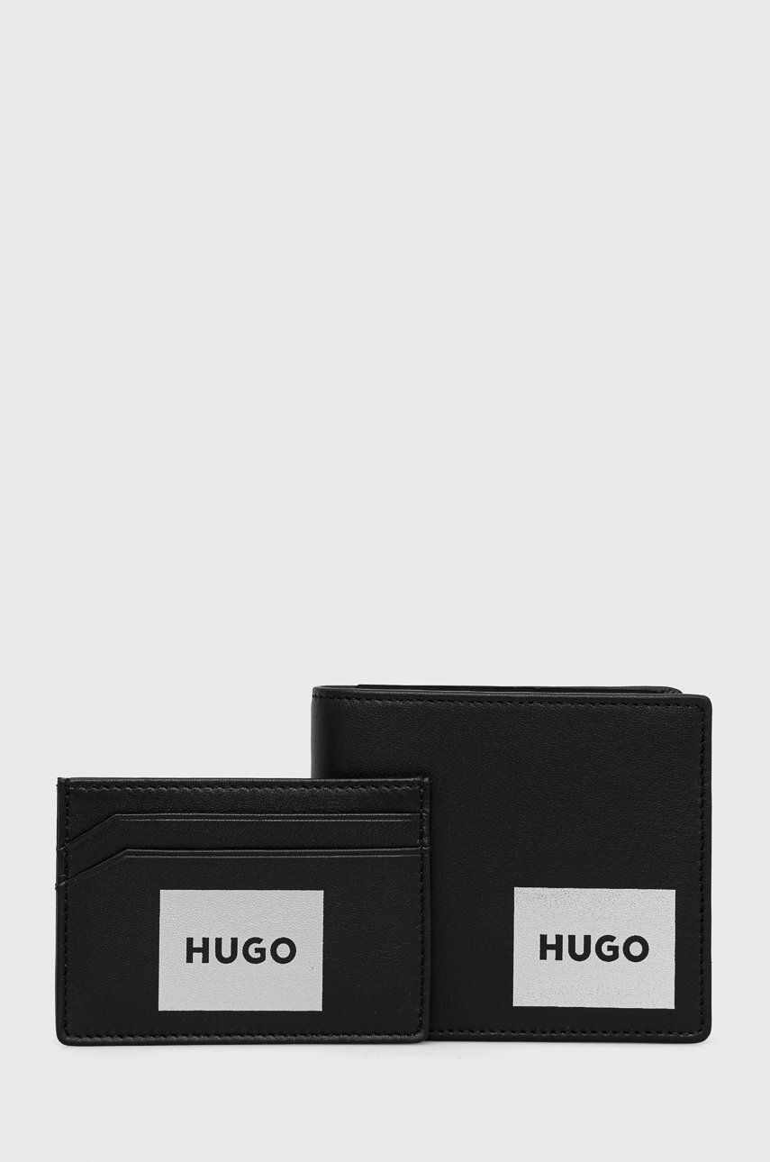 HUGO portofel din piele si suport pentru card barbati, culoarea negru