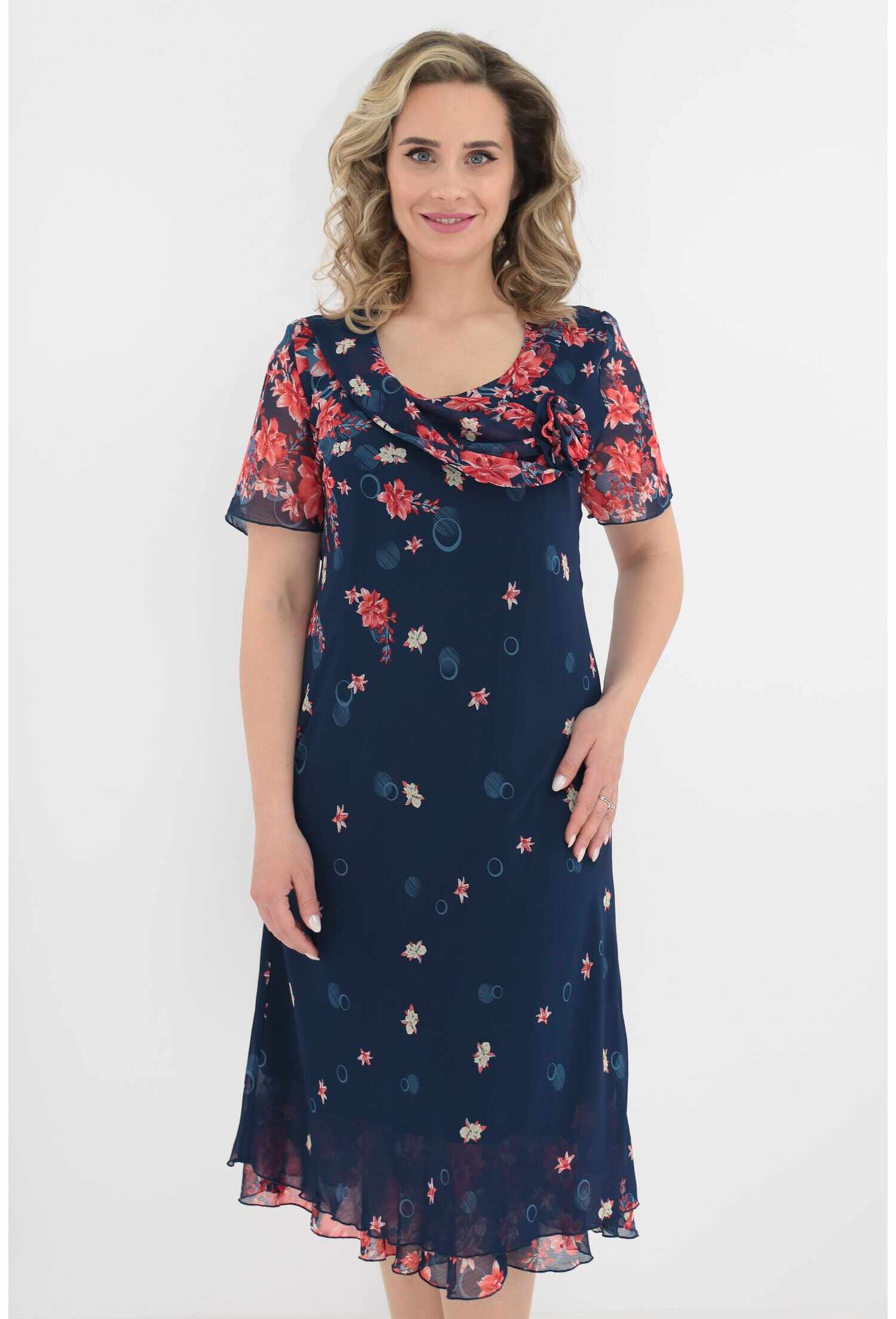 Rochie eleganta din voal bleumarin cu imprimeu floral rosu