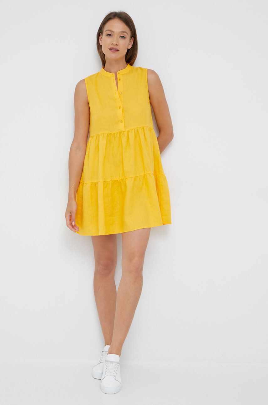 Sisley rochie din in culoarea galben, mini, evazati