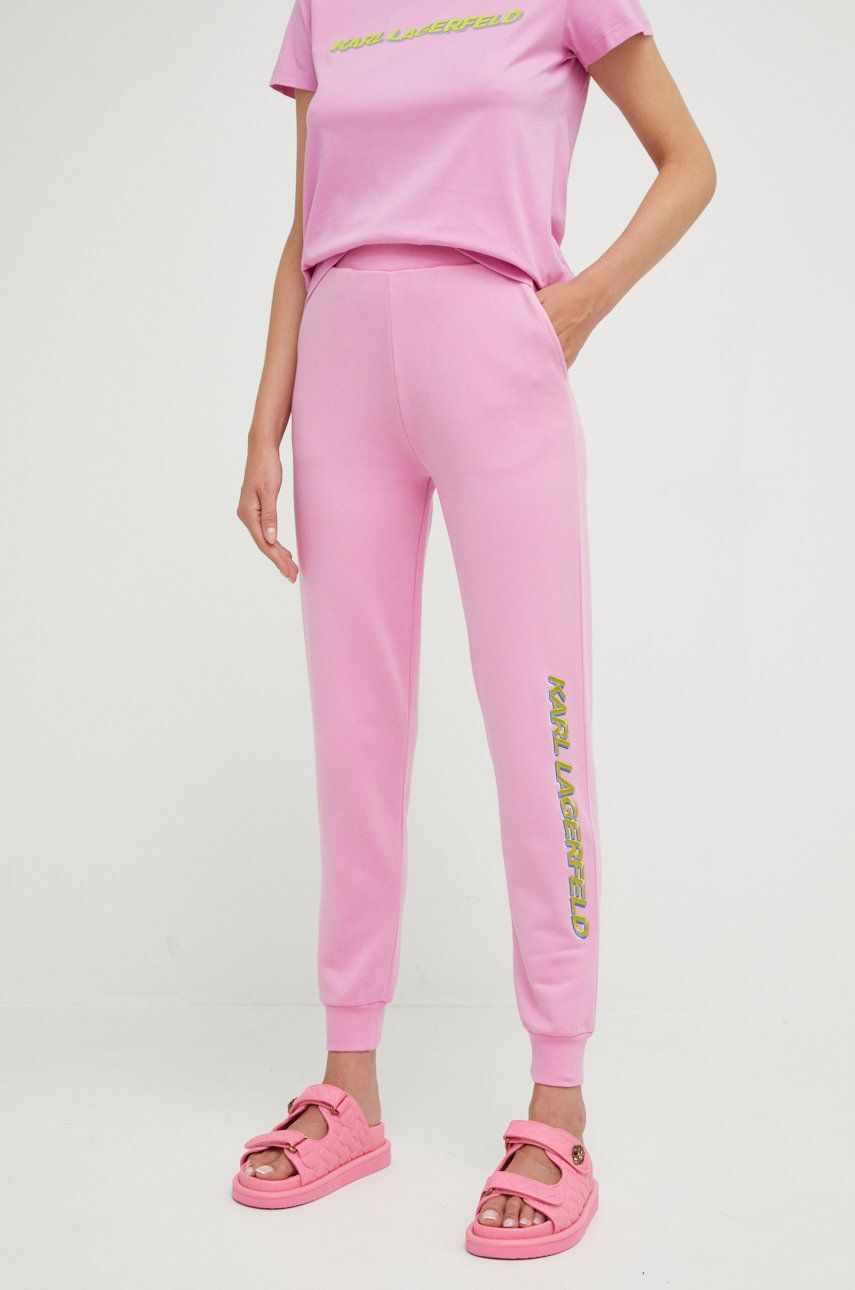 Karl Lagerfeld pantaloni de trening din bumbac femei, culoarea roz,