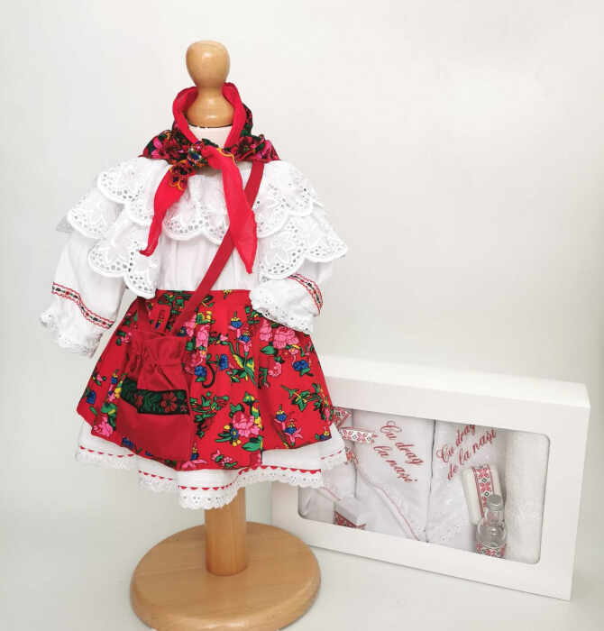 Set Botez Traditional Costum Traditional Fetite Floral - 2 piese costumas si trusou brodat